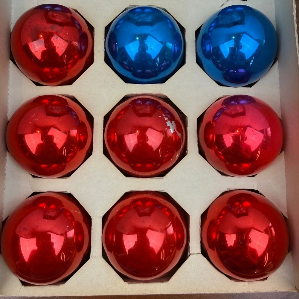 Vintage Holly Glass Christmas Ornaments Red Blue Set of 24 2.25